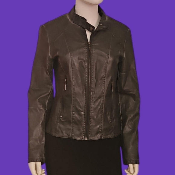 MAX EDITION 1990s Gray Faux Leather Moto Style Zipper Jacket - Picture 1 of 13